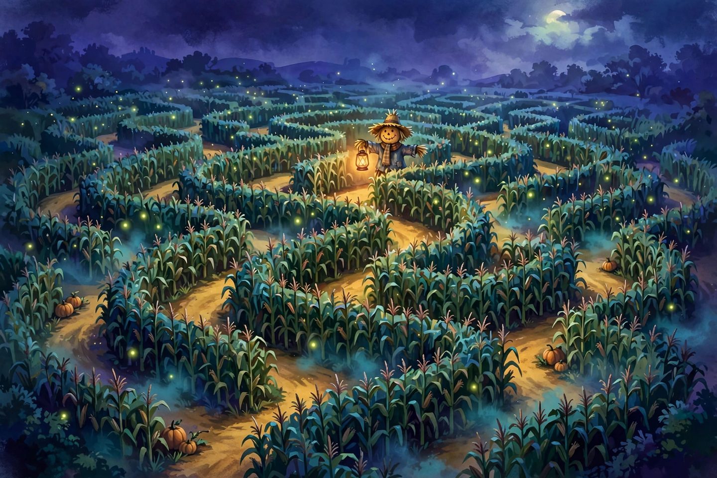 The corn maze at night, its one safe path winding between glowing corn rows to the scarecrow with his lantern