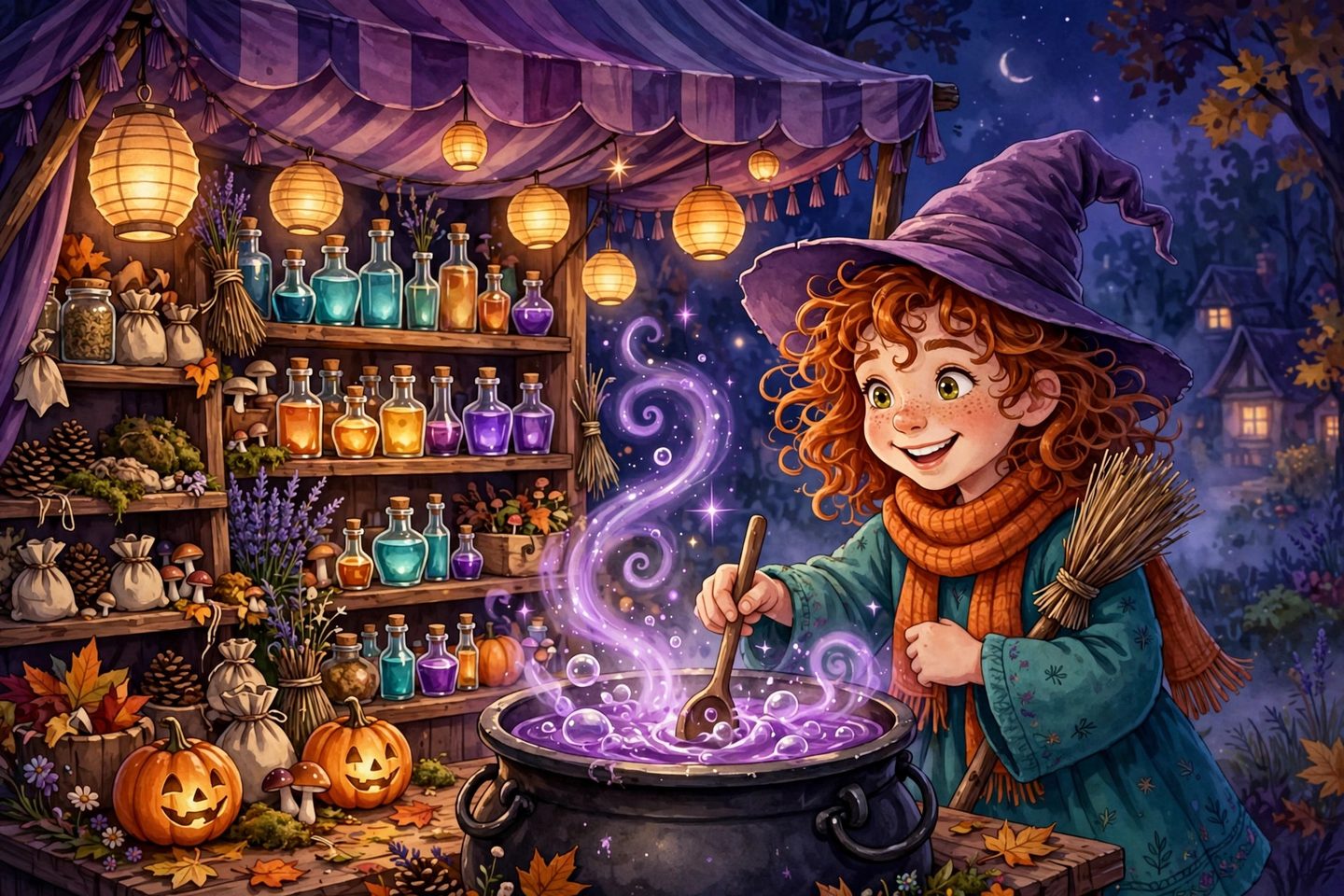 Hazel stirring her bubbling cauldron at the potion stand, shelves of glowing bottles behind her