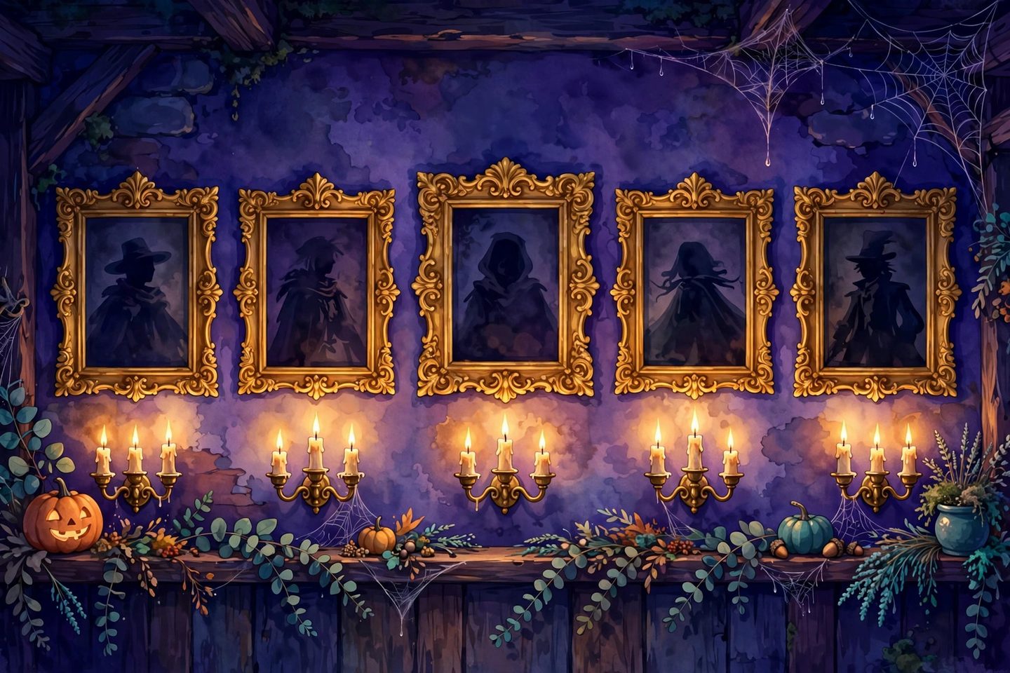 Five golden frames hanging in the old farmhouse gallery, candlelight flickering beneath their shadowy portraits