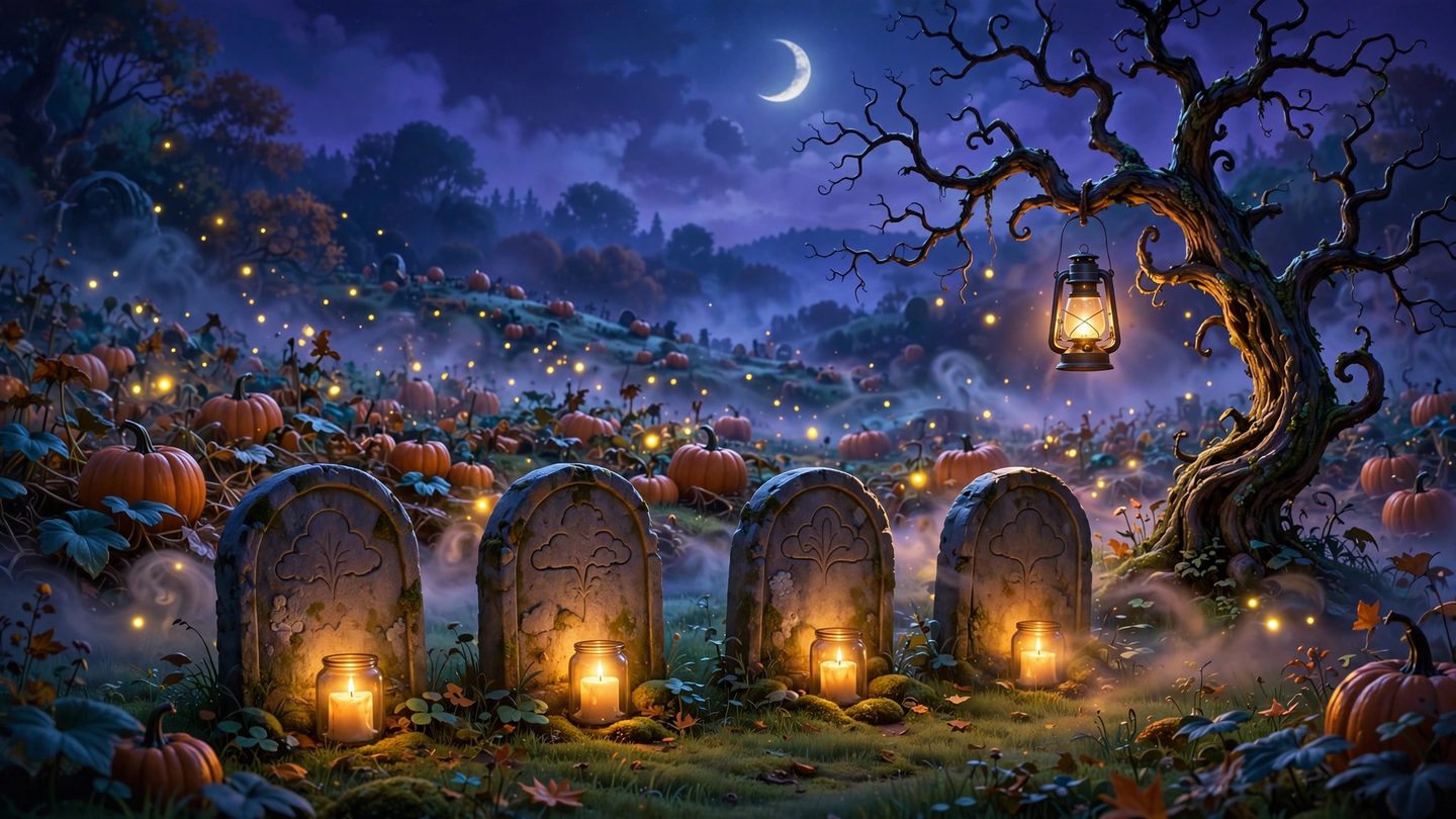 The little graveyard beyond the orchard fence — four candlelit tombstones under a crescent moon and a twisted tree