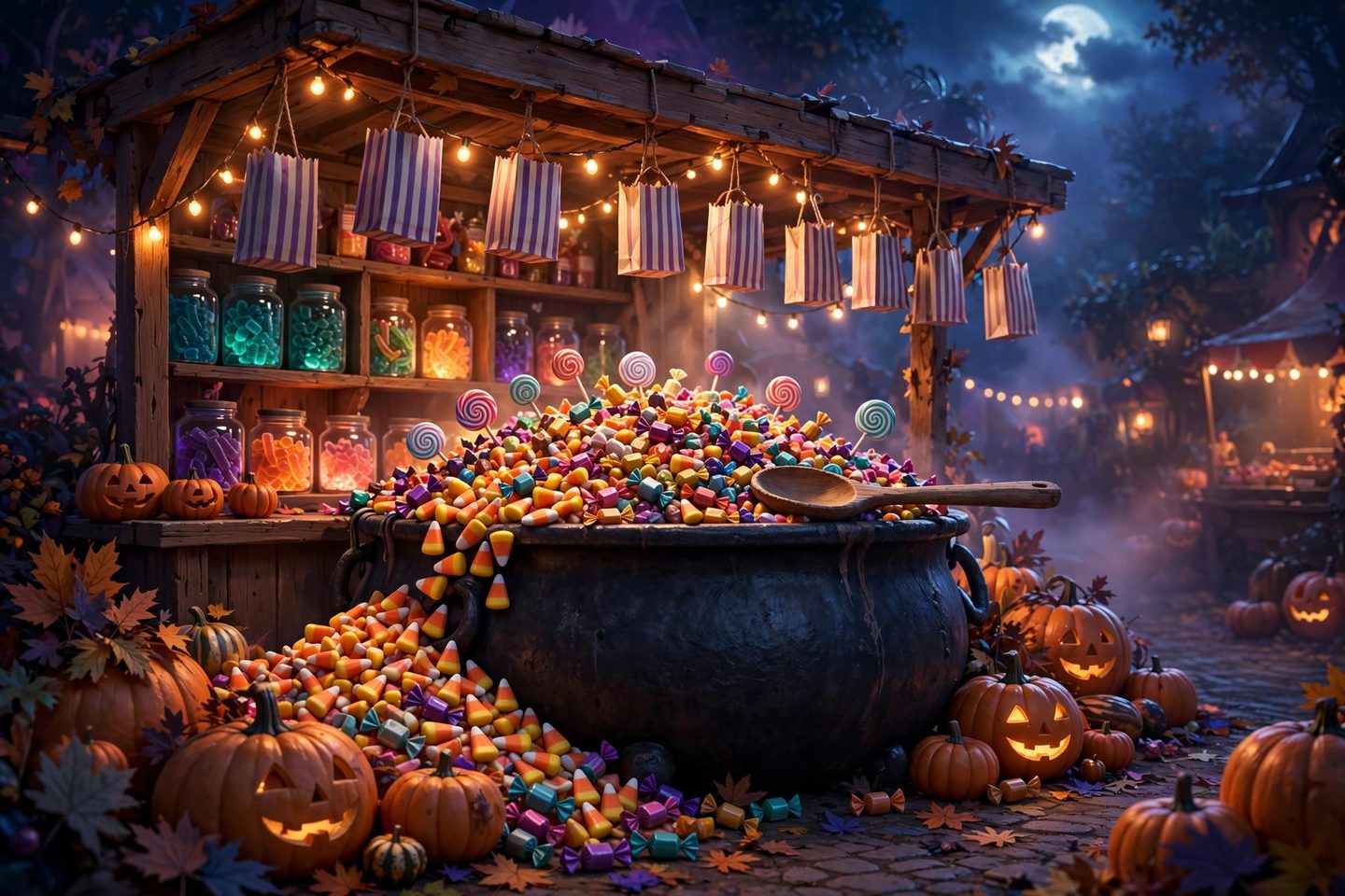 The candy stall at night, its great cauldron heaped with candy corn, chocolate bats and gummy ghosts
