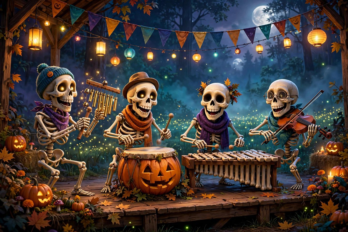 The Skeleton Band on the festival stage — chimes, pumpkin drum, ribcage xylophone and moon fiddle beneath the bunting