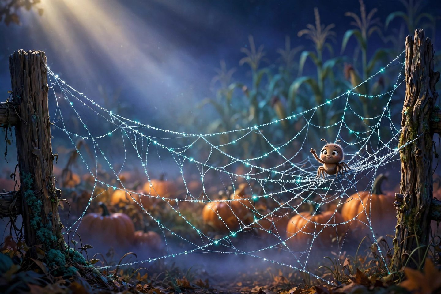 Webber's grand spiderweb stretched between two fence posts, glittering with dew and moonlight over the pumpkin patch