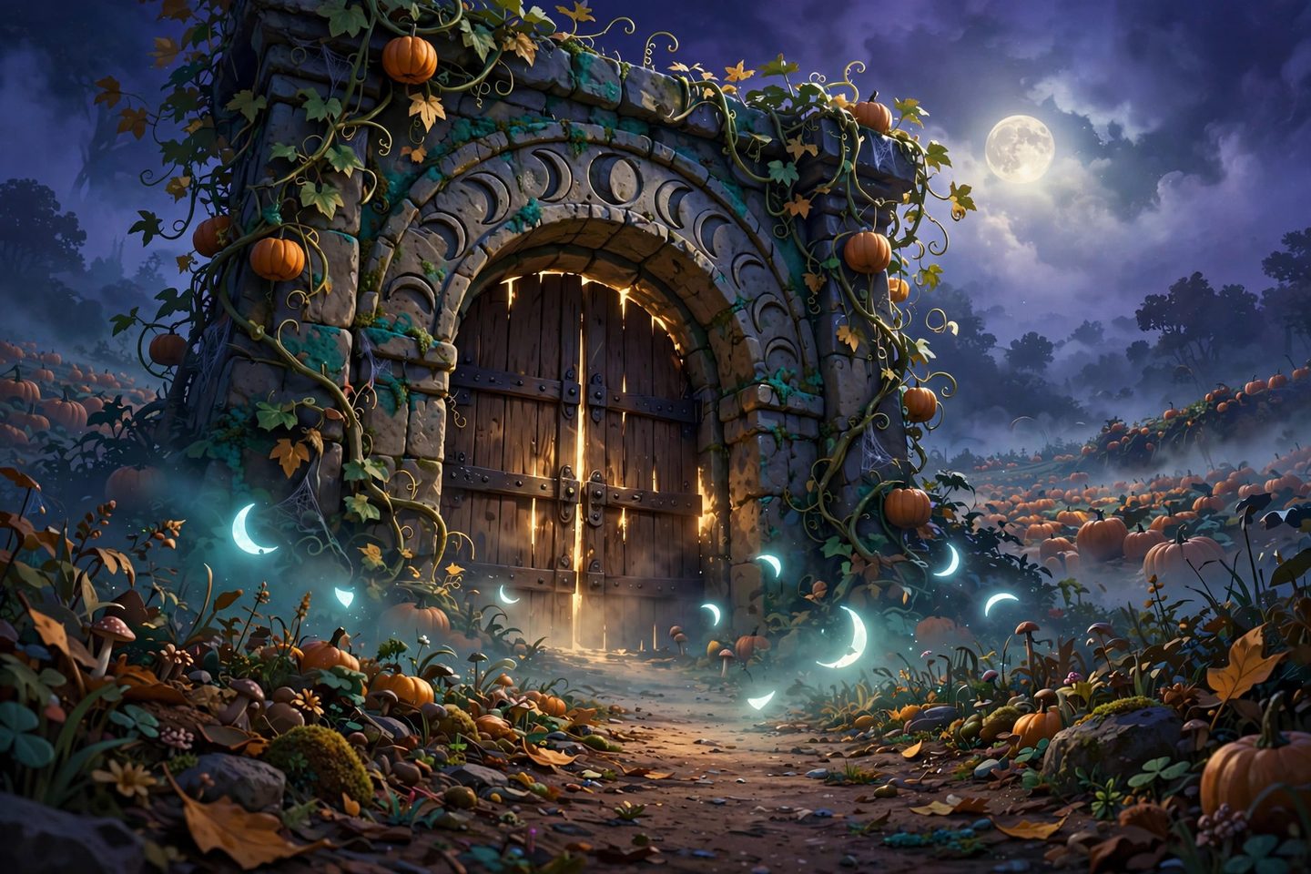 The Hollow Gate — ancient stone wrapped in pumpkin vines, its wooden doors glowing at the seams, moon shards drifting on the path