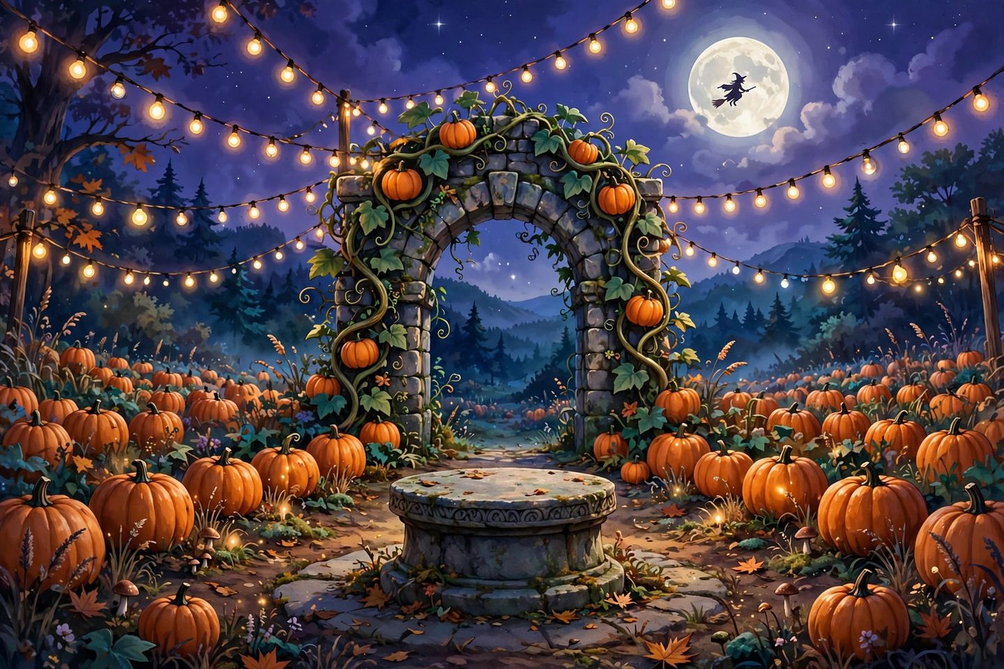 Pumpkin Hollow at night — the Hollow Gate arch wrapped in vines, pumpkins glowing under strings of lanterns, and a witch crossing the full moon