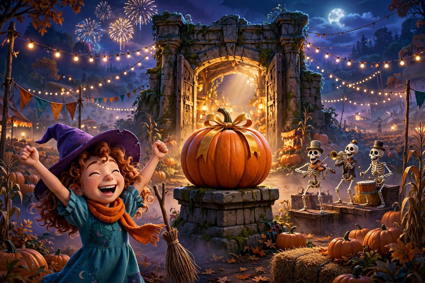 The Harvest Festival saved — Hazel cheering beside the Giant Prize Pumpkin as the Skeleton Band plays and the Hollow Gate glows open behind her